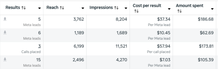 Meta Ads Manager: 15 leads at $7.03 per lead on $105.39 spend